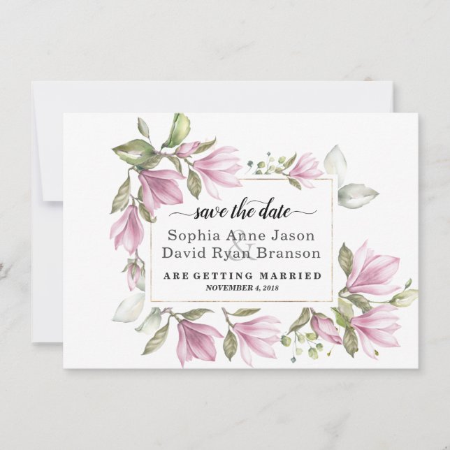 Reserve A Data Flores de Magnólia Blush Charme Casamento Caligraf (Frente)