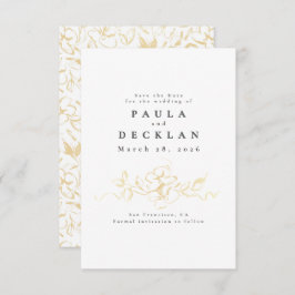 Reserve A Data Flores desenhadas à mão Douradas e brancas Salvar