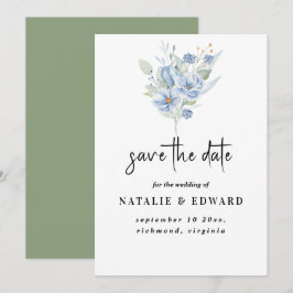 Reserve A Data flores e folhas em aquarela azul empoeirado rústic