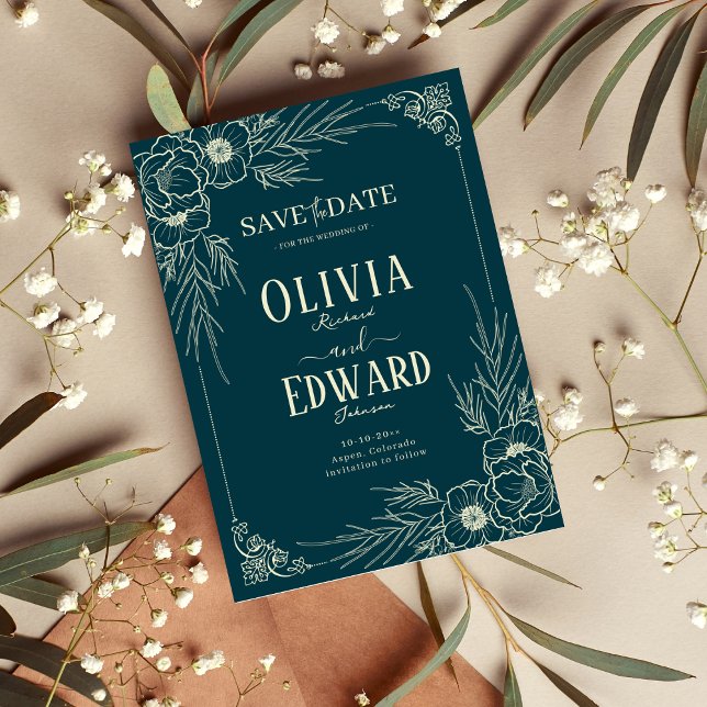 Reserve A Data Flores Elegantes de Moldura Dourada Casamento (Criador carregado)