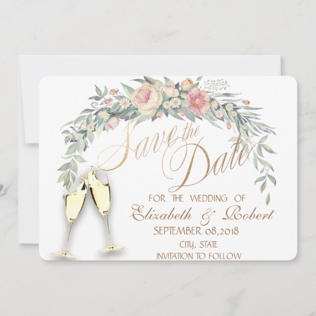 Reserve A Data Flores em Aquarela, Pontilhadas, Copos Save The Da (Frente)