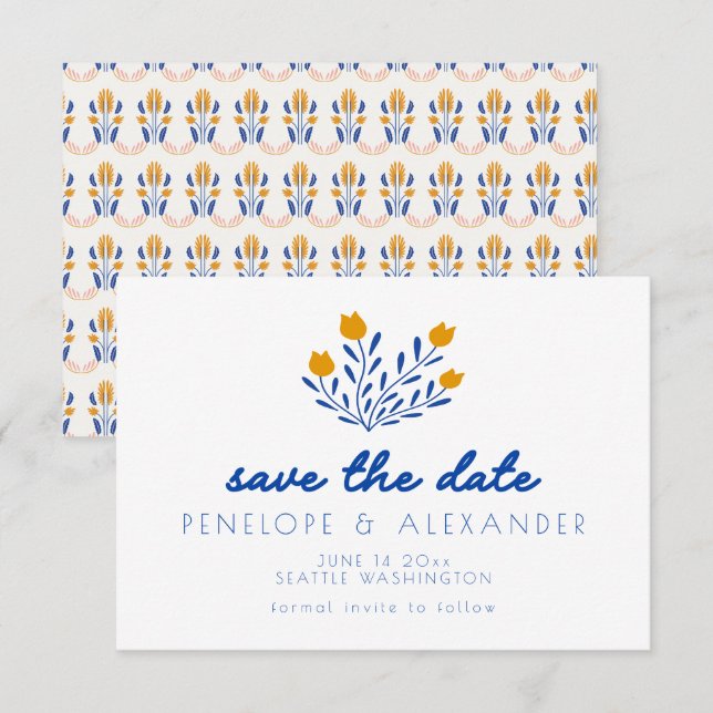 Reserve A Data Flores Folclóricas Escandinavas em Casamento Azul  (Frente/Verso)