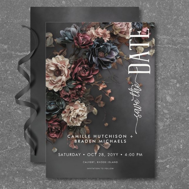 Reserve A Data Flores Góticas Negras e Casamento de Nabos (Black Moody Gothic Flowers & Mist Wedding Save The Date)