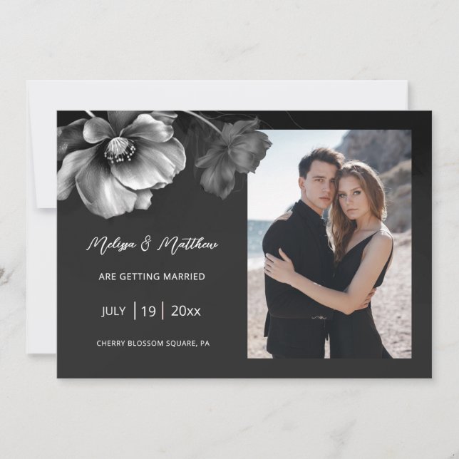 Reserve A Data Flores Prateadas Casamento Preto (Frente)