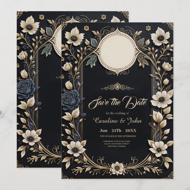 Reserve A Data Flores românticas brilhantes sobre fundo azul prof (Frente/Verso)