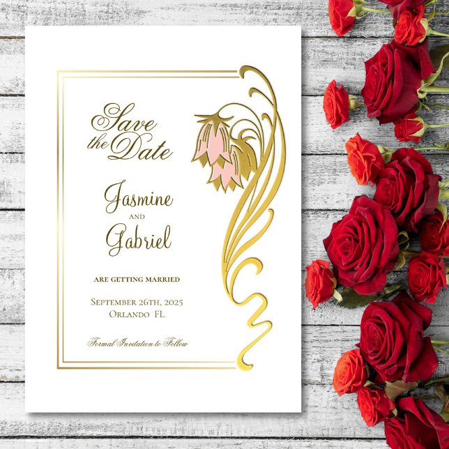 Reserve A Data Flores Rosa e Dourado Elegantes Quadro de Casament (Criador carregado)