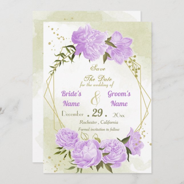 Reserve A Data flores roxas lindas folhas verdes geométricas (Frente/Verso)