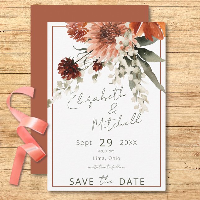Reserve A Data Flores Rustic Terracotta Rust (Rustic Terracotta Rust Flowers Save The Date)