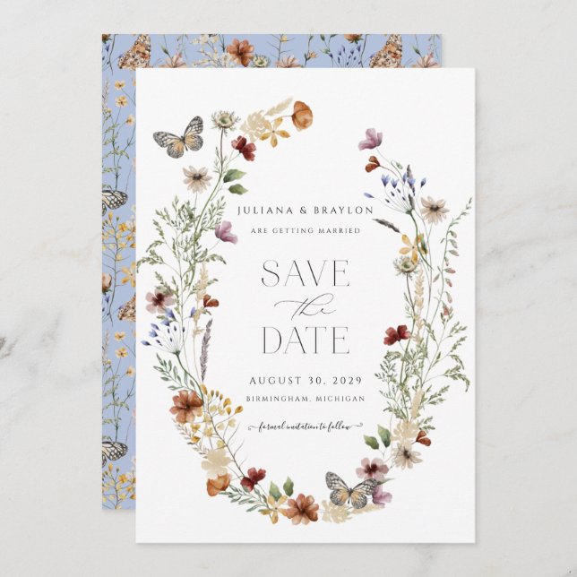 Reserve A Data Flores Selvagens Borboleta Elegante Floral (Frente/Verso)