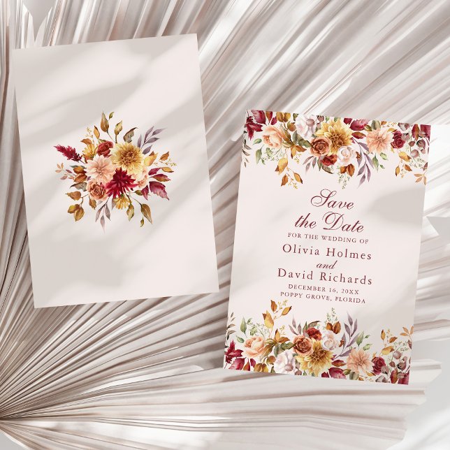 Reserve A Data Flores Selvagens de Terracota Laranja Queimada Mod (Modern Burnt Orange Terracotta Wildflowers Wedding Save The Date on a sunny dry palm leaf.)