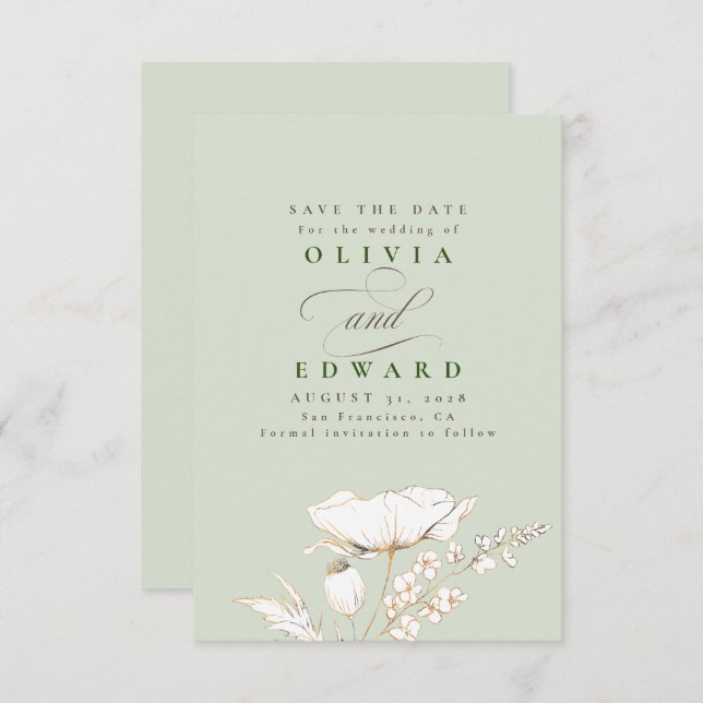 Reserve A Data Flores Selvagens desenhadas à mão Sage Verde Salva (Frente/Verso)