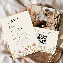 Reserve A Data Flores Selvagens Foto em Bege Código QR Save the D