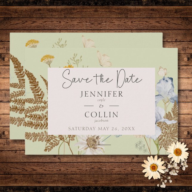Reserve A Data Flores selvagens no Casamento de Sábio Claro (Wildflowers on Light Sage Wedding Save The Date)