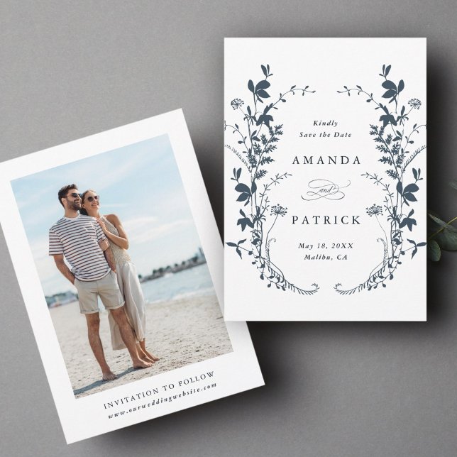 Reserve A Data Flores Selvagens Silhouette Marinho Foto de Casame (Front & Back)