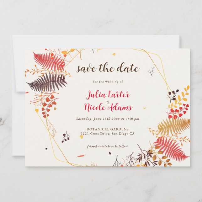 Reserve A Data Flores Silvestres Samambaia Folhagem Casamento (Frente)