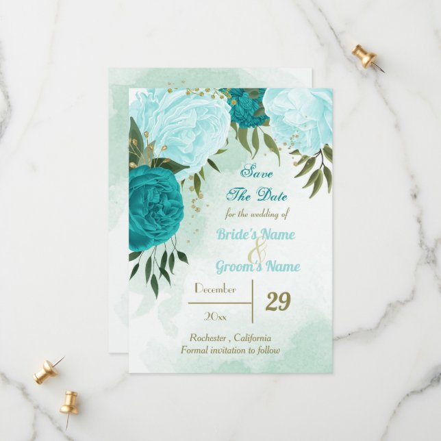 Reserve A Data flores turquesas folhas verdes (Frente/Verso In Situ)