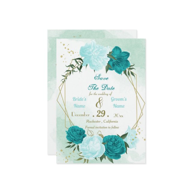 Reserve A Data flores turquesas folhas verdes (Frente/Verso In Situ)