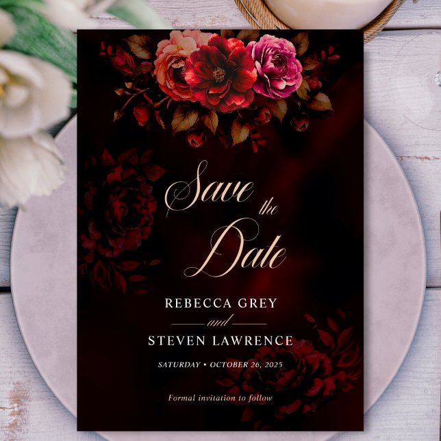 Reserve A Data Flores vermelhas escuras legantes Casamento (Criador carregado)