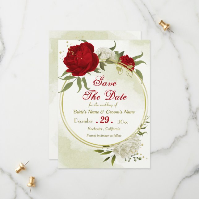 Reserve A Data flores vermelhas folhas verdes (Frente/Verso In Situ)