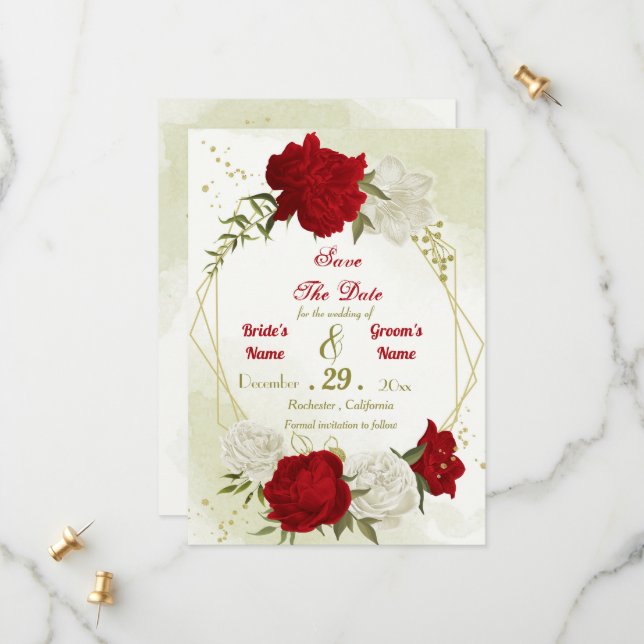 Reserve A Data flores vermelhas folhas verdes (Frente/Verso In Situ)