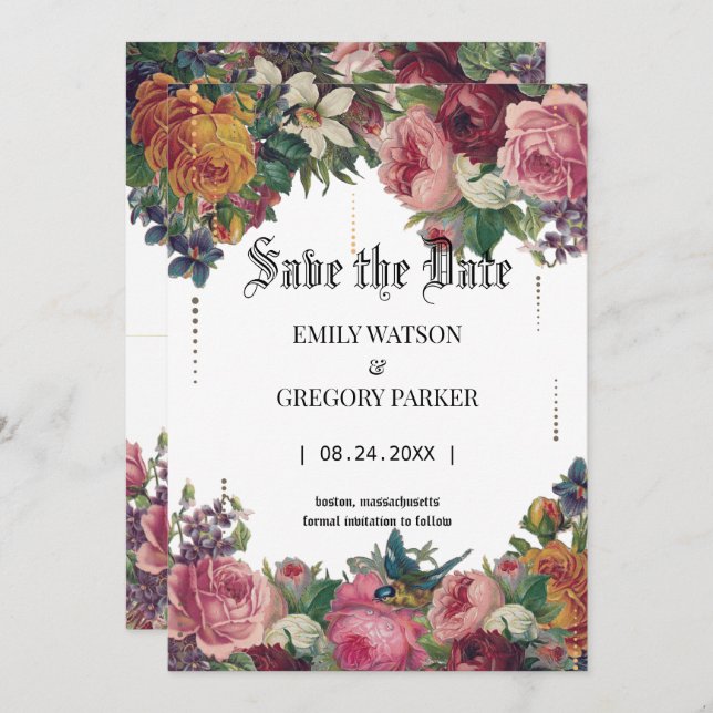 Reserve A Data Flores vintage, moldura dourada save the date (Frente/Verso)