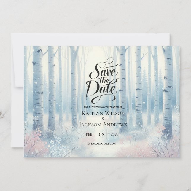 Reserve A Data Floresta de Bétula Azul Geada Casamento (Frente)