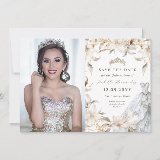 Reserve A Data Floresta de inverno Dourada branca Quinceañera Ves (Frente)