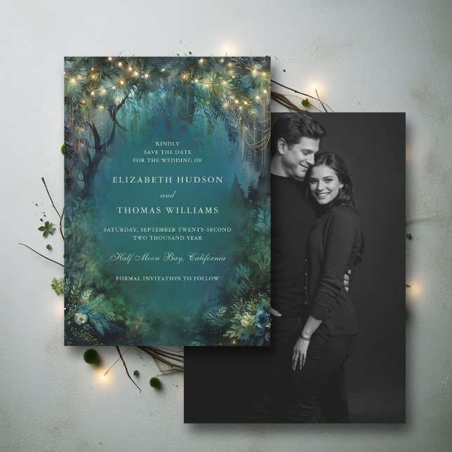 Reserve A Data Floresta Encantada Fada Foto Casamento Floresta (enchanted forest woodland wedding save the date card emerald gold magic fairy tale photo)