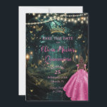 Reserve A Data Floresta Encantada Fuchsia, Vestido Rosa Quinceañe<br><div class="desc">Personalize esta encantadora floresta encantada / noite estelar Quinceañera / Doce 16 anos salve a data fácil e rapidamente. Basta clicar no botão Editar usando ferramentas de Design para editar ainda mais o texto, alterar estilos de fonte e cores de fonte. Apresentando uma garota vestida com um vestido cor-de-rosa quente...</div>