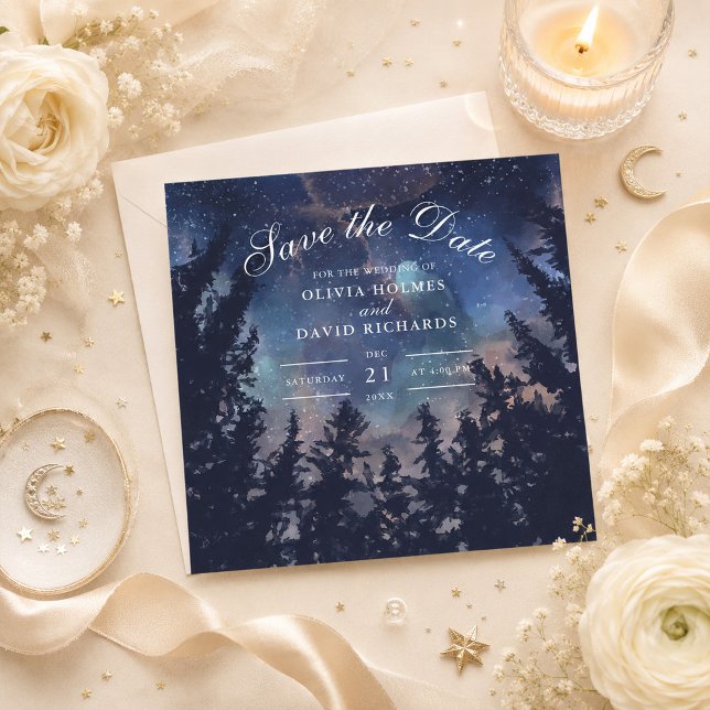 Reserve A Data Floresta Noturna Estrelada Celestial Salve a Data (Starry Night Forest Celestial Save the Date on a table with flowers and celestial decor)