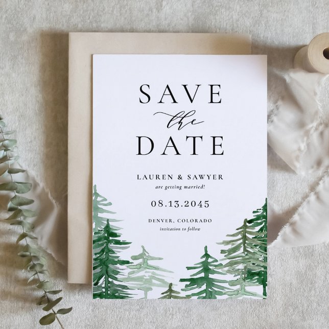Reserve A Data Floresta Romântica de Madeira de Aquarela (Customizable woodland save the date announcement featuring watercolor forest scenery)