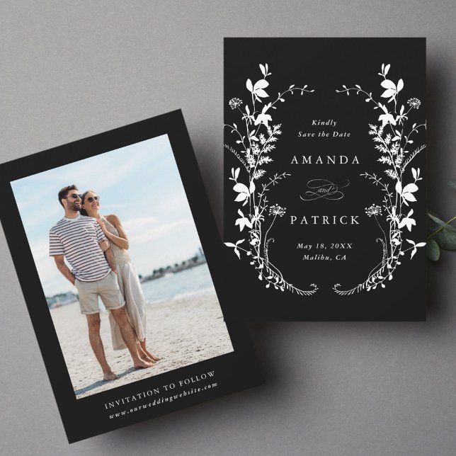 Reserve A Data Florestas Silhouette Wreath Foto de Casamento Pret (Front & Back)