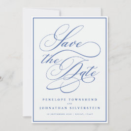 Reserve A Data Flourish Caligrafia Casamento Azul Branco Minimal