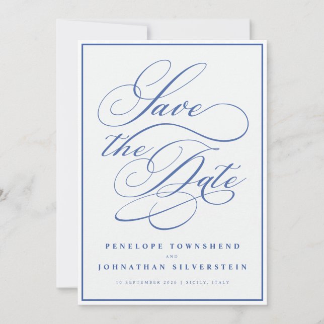 Reserve A Data Flourish Caligrafia Casamento Azul Branco Minimal (Frente)