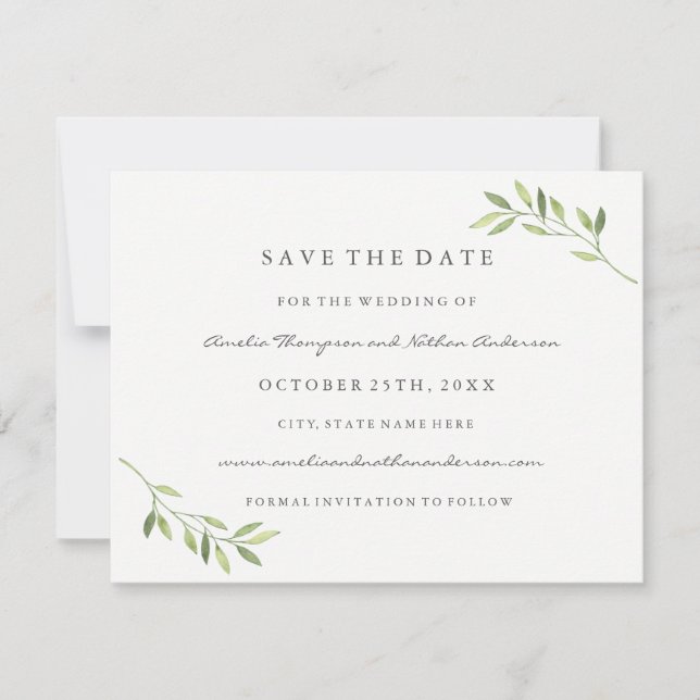 Reserve A Data Folha de Aquarela Verde Casamento Salvar A Data (Frente)