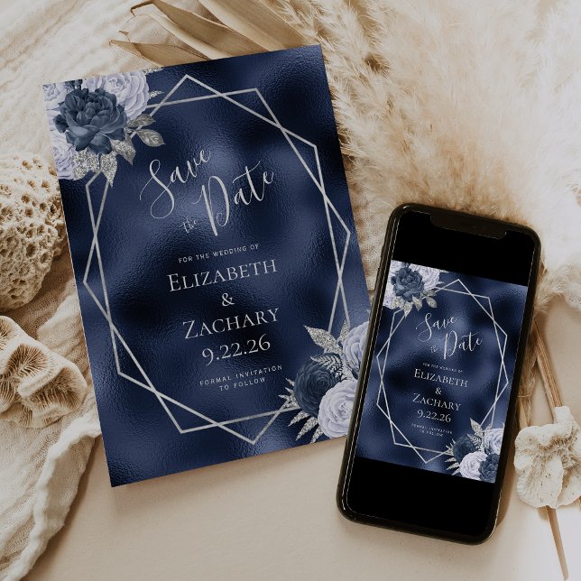 Reserve A Data Folha de Marinho Floral de Prata Azul Dusty Salve  (Criador carregado)