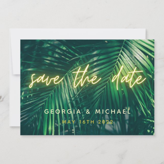 Reserve A Data folha de palmeira tropical neon script moderno tre (Frente)