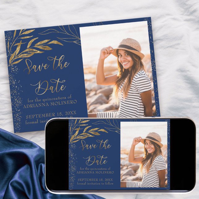 Reserve A Data Folha Dourada e Caligrafia Real Blue Photo (Quinceanera Save the Date with photo in blue, from my Gold Leaf Collection)