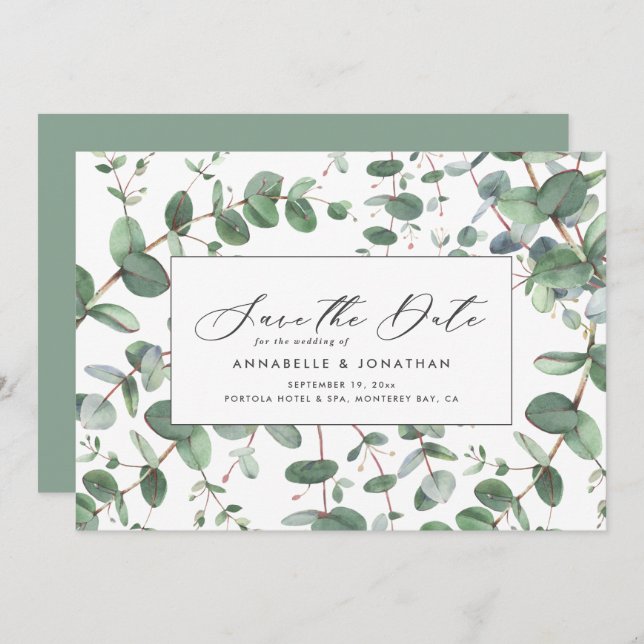 Reserve A Data Folhagem botânica Eucalyptus verde-senada moderna (Frente/Verso)