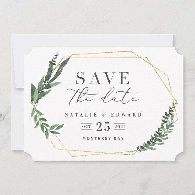 Reserve A Data folhagem dourada e geométrica (Frente)