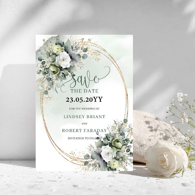 Reserve A Data Folhagem Dourada Verde Aquarela Salve a Data (Green Gold Foliage Watercolor Save The Date)