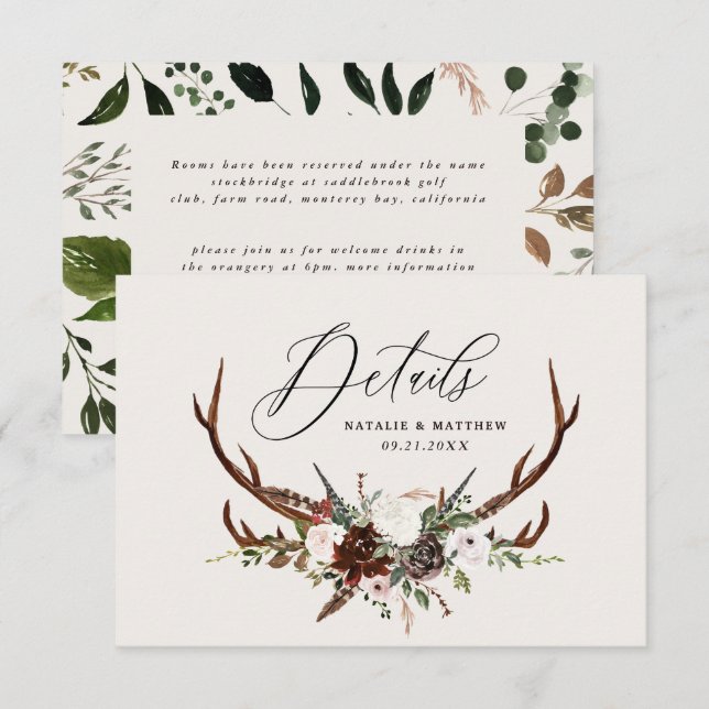 Reserve A Data Folhagem russa, detalhes do casamento floral e est (Frente/Verso)