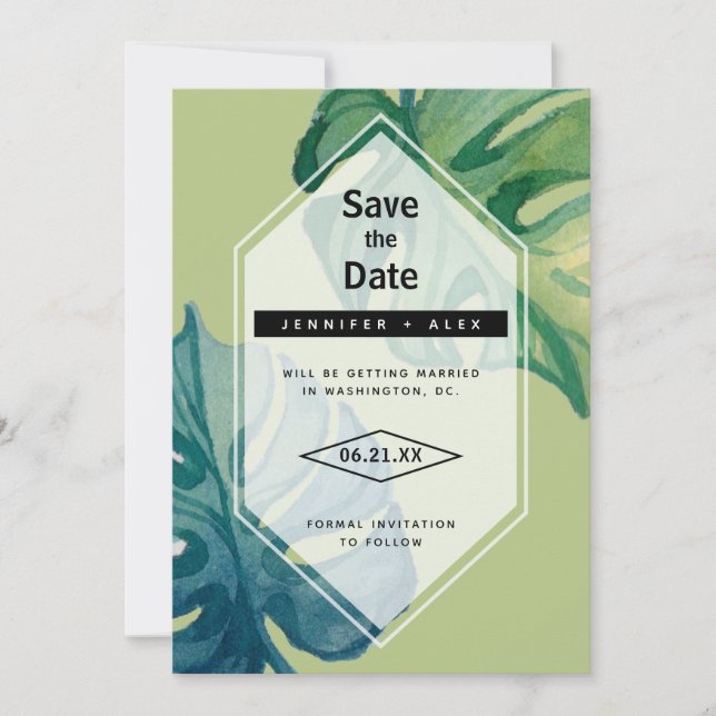 Reserve A Data Folhagem Tropical Aquarela Save The Date (Frente)