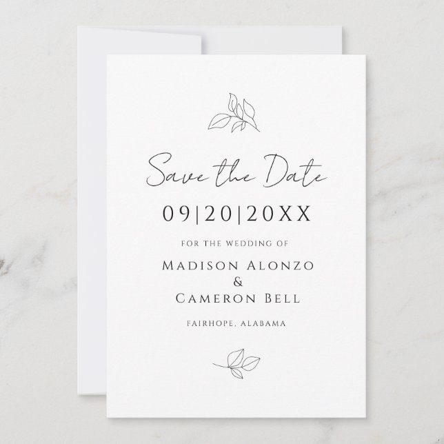 Reserve A Data Folhas Botânicas de Casamento Elegantes Preto Bran (Frente)