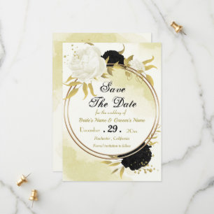 Reserve A Data folhas de ouro de flores brancas pretas