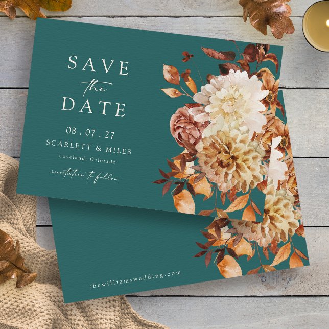 Reserve A Data Folhas de Outono Turquesa Salve a Data (Teal Autumn Leaves Floral Save The Date Card by Painted Paperie
)