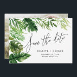 Reserve A Data Folhas florais de aquarela tropical foto<br><div class="desc">Linda foto de folhagem de aquarela tropical moderna para salvar a data. Texto de roteiro lindo. Parte de uma coleção de celebração de casamento de verão.</div>
