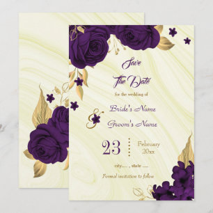 Reserve A Data folhas florais de ouro roxo e elegantes