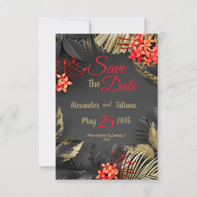 Reserve A Data Folhas tropicais pretas e douradas em fundo escuro (Frente)