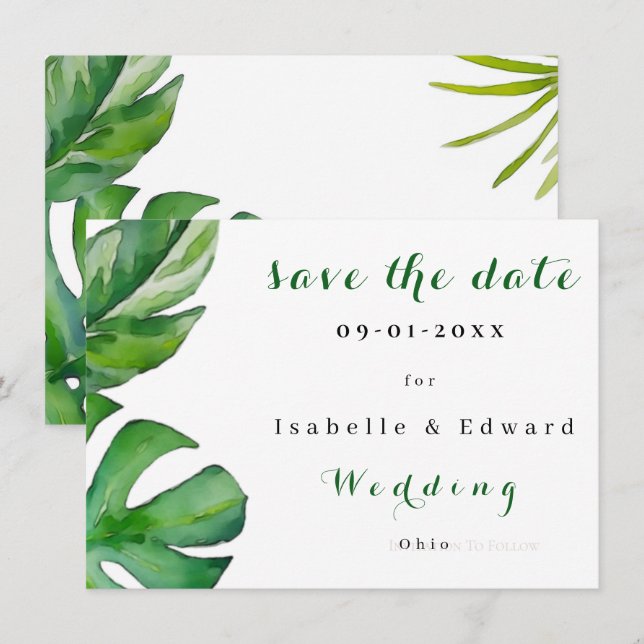 Reserve A Data Folhas Verdes de Aquarela Tropical Personalizadas (Frente/Verso)